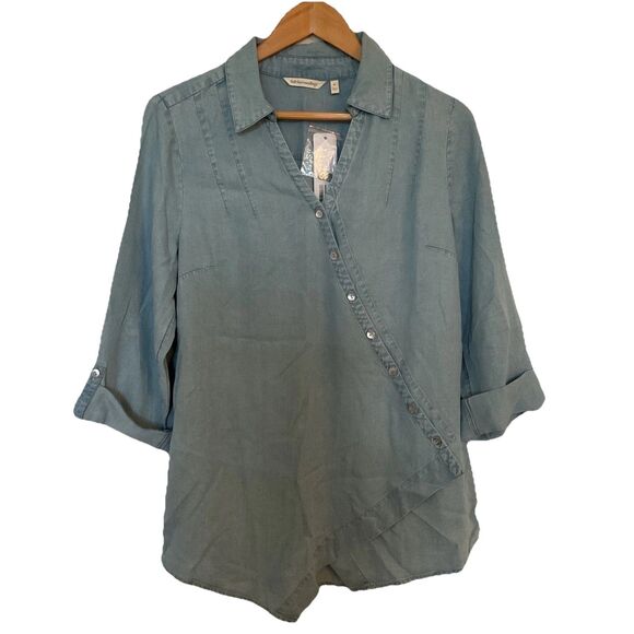 Soft Surroundings Washed Tencel Crossover Tunic Shirt M Light Wash Denim Blue - Picture 1 of 10